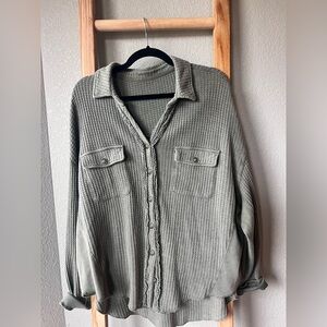 Frye & Co Green Button Up Slouchy Waffle Knit Top Size Medium Cotton Blend